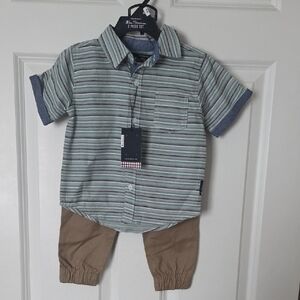 Ben Sherman Green Striped Button Down Shirt with Brown Pants